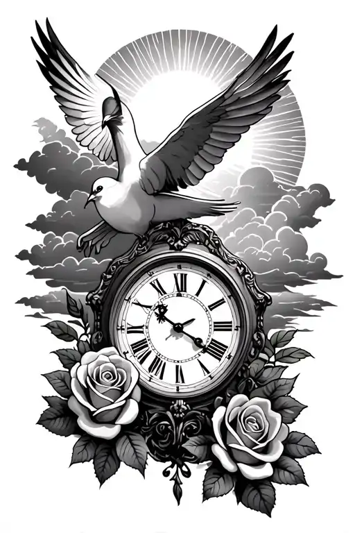  Tattoo with a clock, a dove , roses and sunlight going trough cloudes  tattoo design idea
