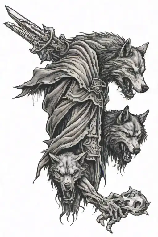 Reaper holing 3 wolf's tattoo design idea