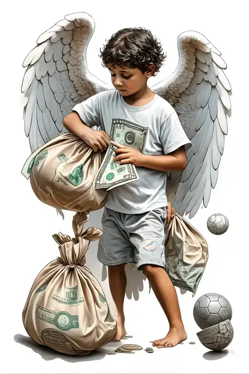 angel holding bag of money with boy playing ball in favela below tattoo design idea