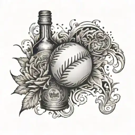 An intricate design of a softball merging with a bourbon bottle tattoo design idea