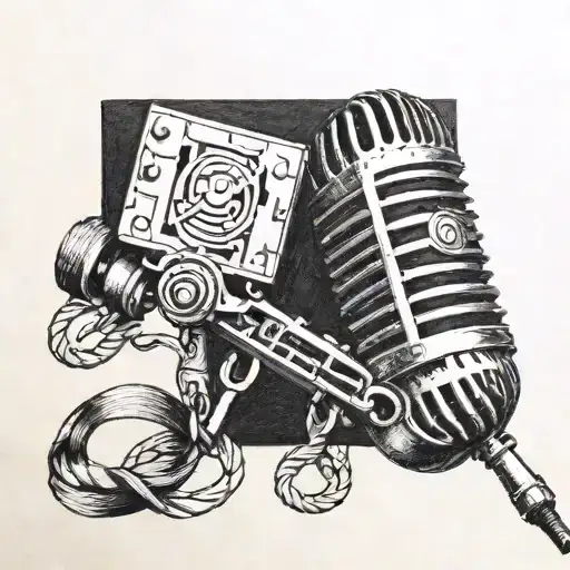 A detailed blackwork tattoo of a vintage microphone intertwined with musical notes and hair cutting shears tattoo design idea