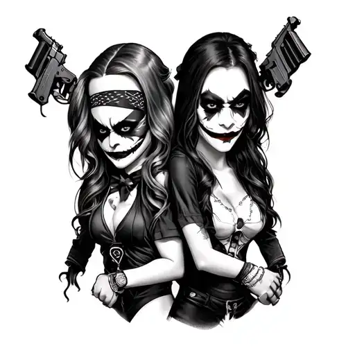 girly harley quin and joker with bandana face masks and guns tattoo design idea