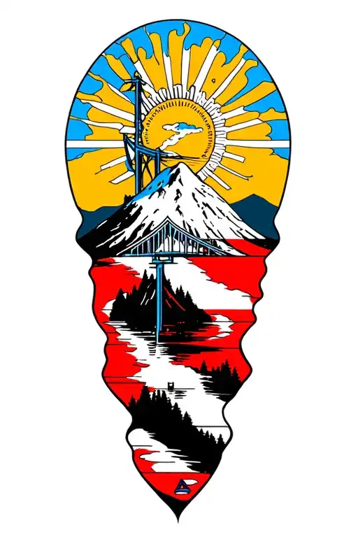 croatian flag wrapped narrows bridge mount rainier and rising sun tattoo design idea