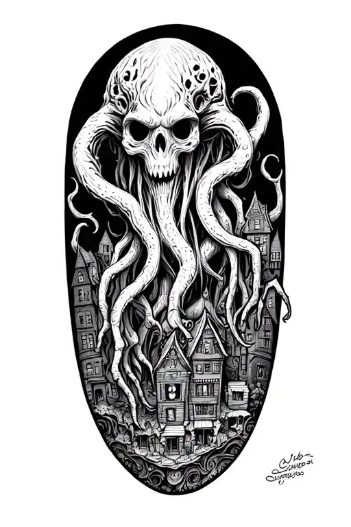 Lovecraftian horror town with cuthulu tattoo design idea