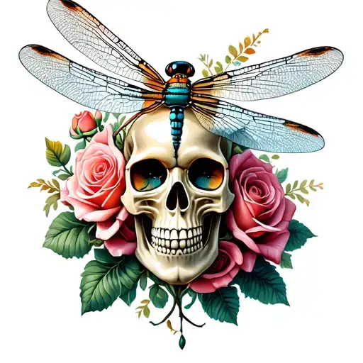 roses skull dragonfly tattoo design idea