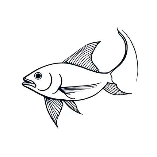 A minimalist tattoo design featuring a sleek and elegant outline of a fish, capturing its fluid and graceful curves. The tattoo design idea