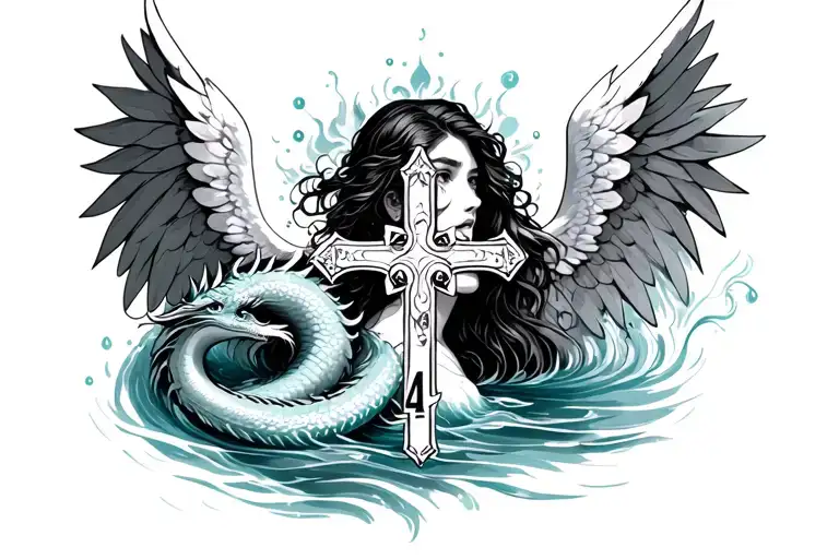 Angel number 444 Cross with  and water dragon   with a ocean vibe the fits  behind the ear feminine  tattoo design idea