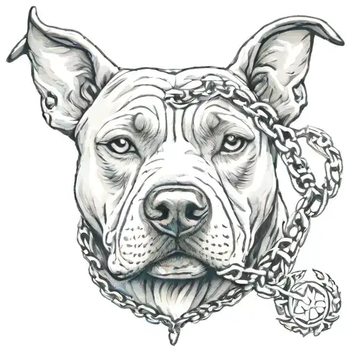 Create a tattoo design featuring a pitbull wearing a chain with a guitar pendant, representing the client's favorite things - dogs, music, and jewelry tattoo design idea