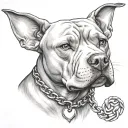 Create a tattoo design featuring a pitbull wearing a chain with a guitar pendant, representing the client's favorite things - dogs, music, and jewelry tattoo design idea