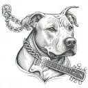 Create a tattoo design featuring a pitbull wearing a chain with a guitar pendant, representing the client's favorite things - dogs, music, and jewelry tattoo design idea