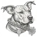 Create a tattoo design featuring a pitbull wearing a chain with a guitar pendant, representing the client's favorite things - dogs, music, and jewelry tattoo design idea