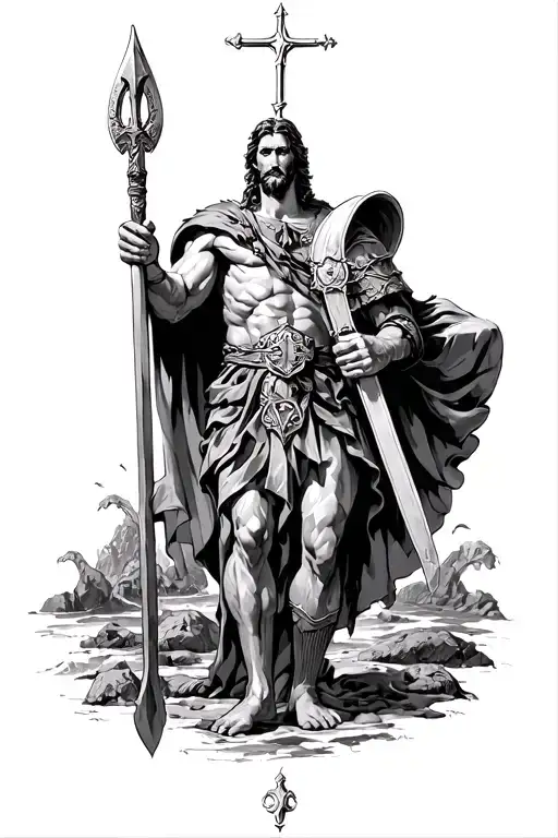 Saint Michel médiéval vitrail muscle concentre   drawing,  black and white, in the style of Conan, tatouage tattoo design idea
