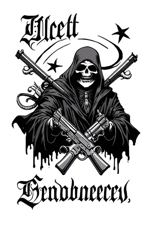 bennett in nice curssivewith grim reaper and guns under writing tattoo design idea