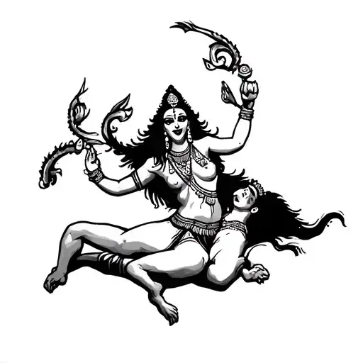 goddess kali dancing ontop of a baby with her tongue out. menacing. clear tattoo design idea