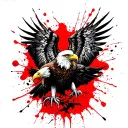 eagle  with splashes on red tattoo trash polka style with shadow for decal on white paper by Volker Merschky Simone Pfaf tattoo design idea