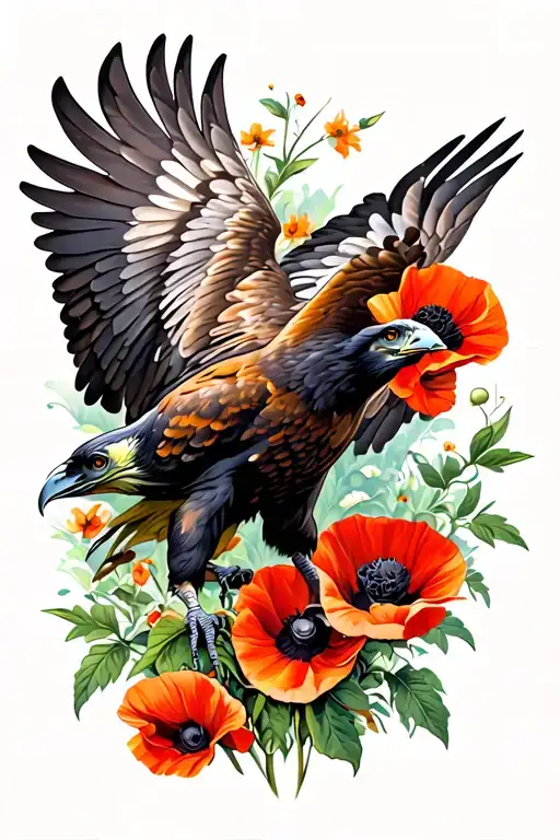 flying buzzard with poppies around it tattoo design idea