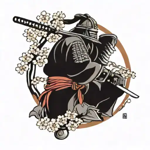 samurai warrior welding a sword under s cherry blossoms tattoo design idea