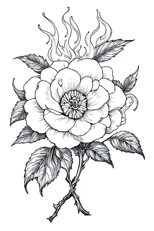 camellia flowers burst in flames tattoo design idea