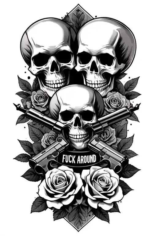 a couple skull and roses with 2 9mm gun with the phrase fuck around find out tattoo design idea