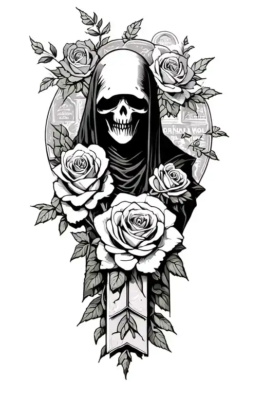 grim reaper and roses with a graveyard scene with tombstones tirbal  tattoo design idea