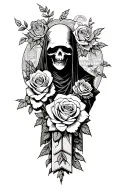 grim reaper and roses with a graveyard scene with tombstones tirbal  tattoo design idea