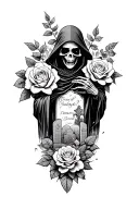 grim reaper and roses with a graveyard scene with tombstones tirbal  tattoo design idea