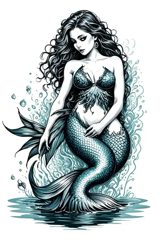 sexy mermaid holding scuba diver tattoo design idea