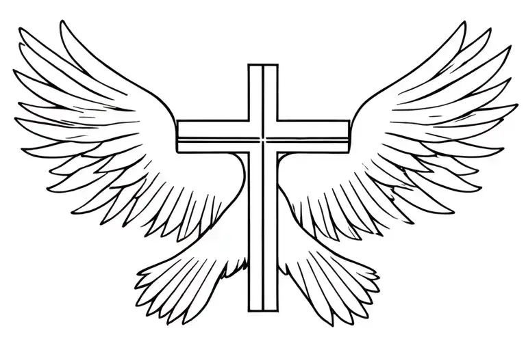 A CHRISTIAN CROSS IN STRAIGHT LINE AND IN FRONT OF A DOVE WHICH HAS ITS WINGS DEPLOYED tattoo design idea
