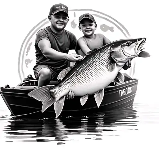 Photorealistic image of a father and son holding a giant common carp in their hands, sitting in a large motorized fishin tattoo design idea