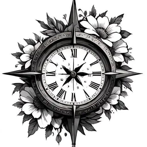 clock inside compass with flowers on outside tattoo design idea