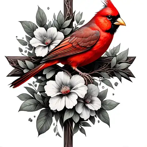 cross with veins and flowers with a red cardinal tattoo design idea