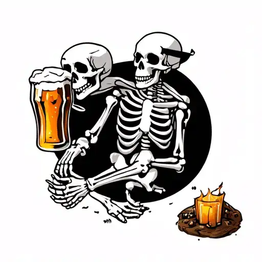 skeleton camping drinking beer tattoo design idea