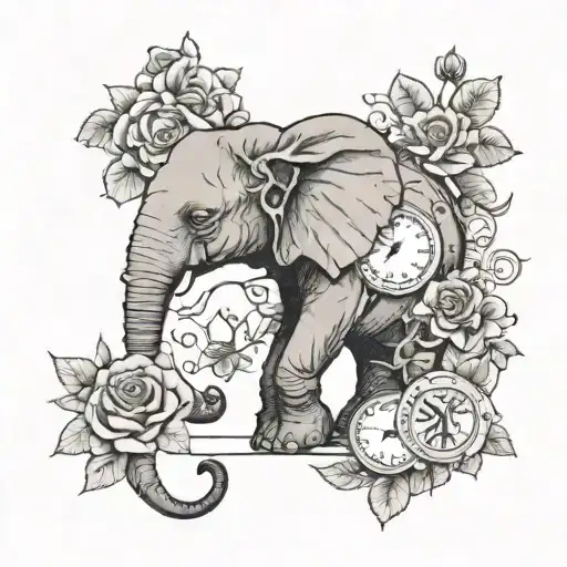 Elephant and time clock, roses, poison tree growing tattoo design idea
