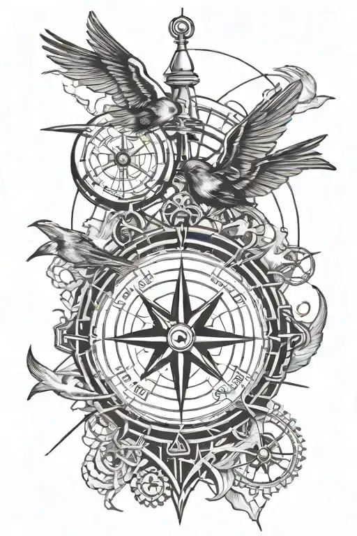 compass, two swallows flying, anchor, ship steering wheel, world map tattoo design idea