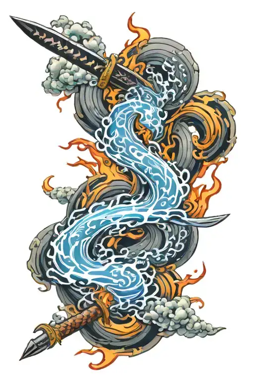 japanese sword swirling power around it that resembles water and fire tattoo design idea