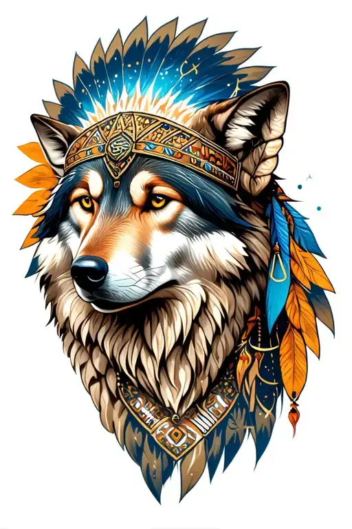 Wolf Face with royal Indian Headdress with Libra constellation symbolizing tattoo design idea