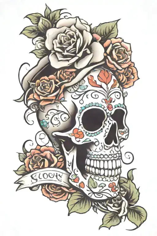 sugar skull with name tombstone tattoo design idea