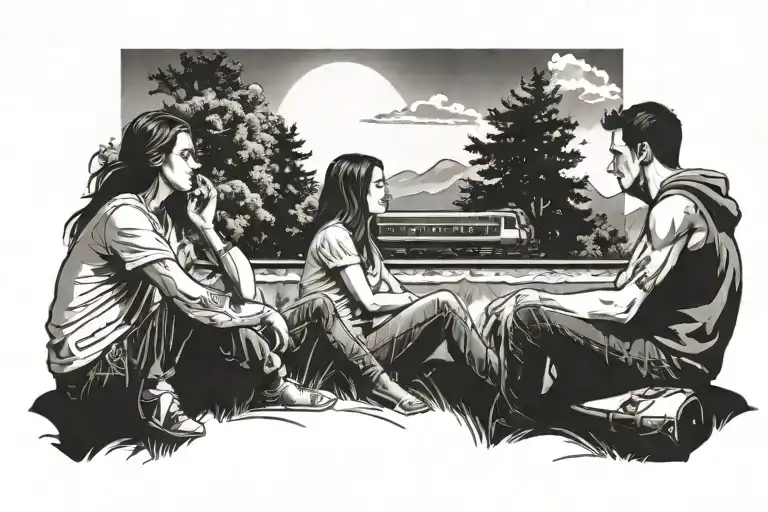 3 friends sitting on a hill with trees looking at a train tattoo design idea