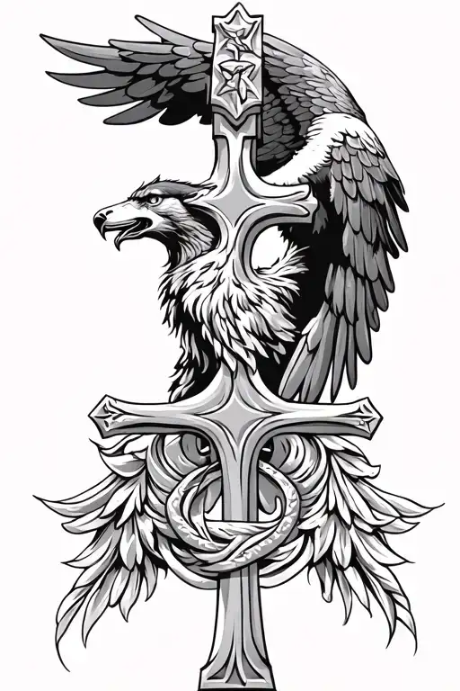 Anglo Saxon cross with eagles wings spread wolf howling tattoo design idea