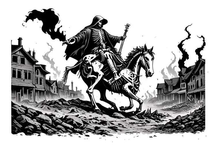 burning apocalypse ground town landscape with grim reaper on horse skeleton in background  tattoo design idea