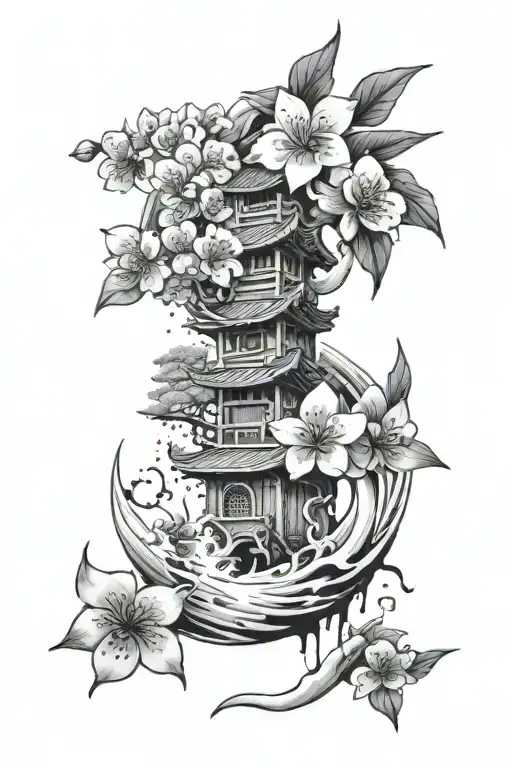 one piece with japanese cherry blossom petals falling tattoo design idea