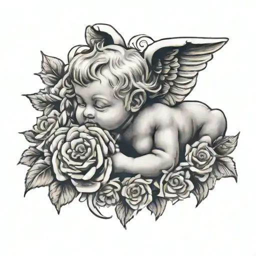 a cherub resting it's head on a bed of roses tattoo design idea