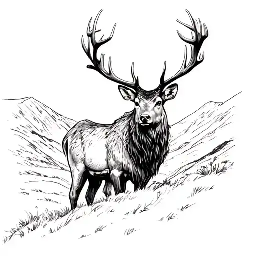A sketch of a majestic stag overlooking the Scottish Highlands tattoo design idea