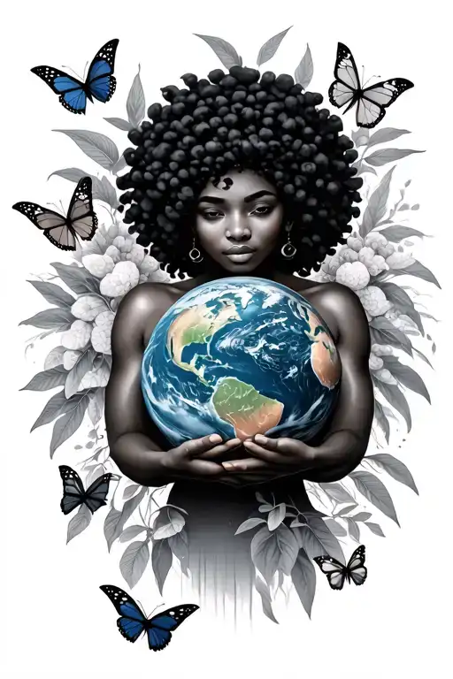 Afro Mother Nature holding the earth with butterflies  tattoo design idea