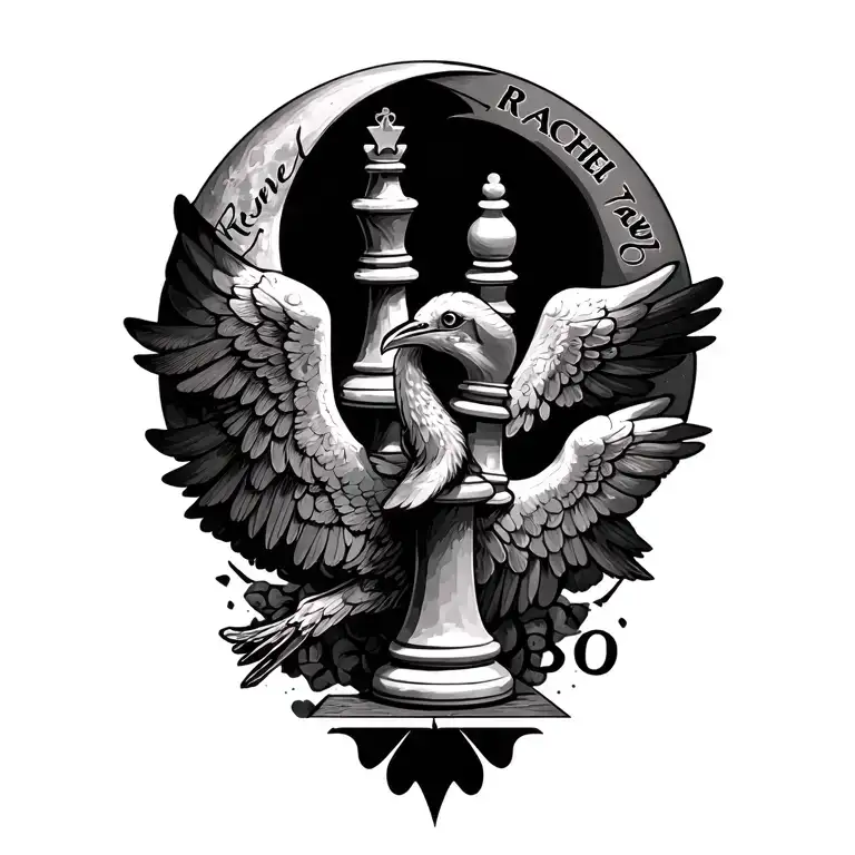 moon bird flying chess pieces with wings wrapped around the names "Rachel" and  "Tabio"  tattoo design idea