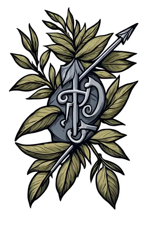 An arrow with the navy ink tip, the body in olive branch and astrological sign tattoo design idea
