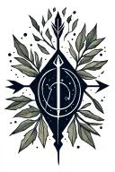 An arrow with the navy ink tip, the body in olive branch and astrological sign tattoo design idea