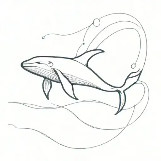 An elegant minimalist design of a graceful whale swimming in the ocean, with a silhouette of a swimmer girl in the background tattoo design idea