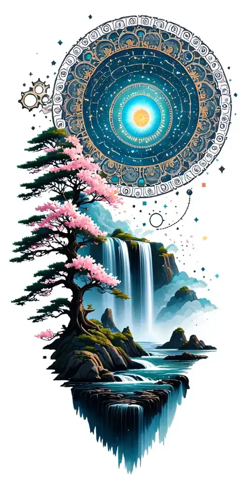Collage of mandala Constellations, Buddhist landscape,Trees,Waterfall,Wood steampunk Gears, cherry blossoms tattoo design idea