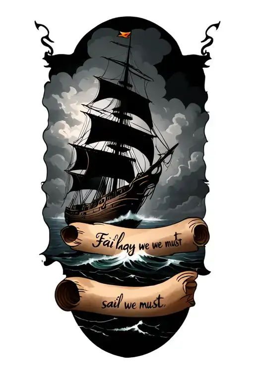 "Fail we may sail we must" Ship sailing through storm clouds and underneath the ship on scroll paper is text that says fail we may sail we must tattoo design idea